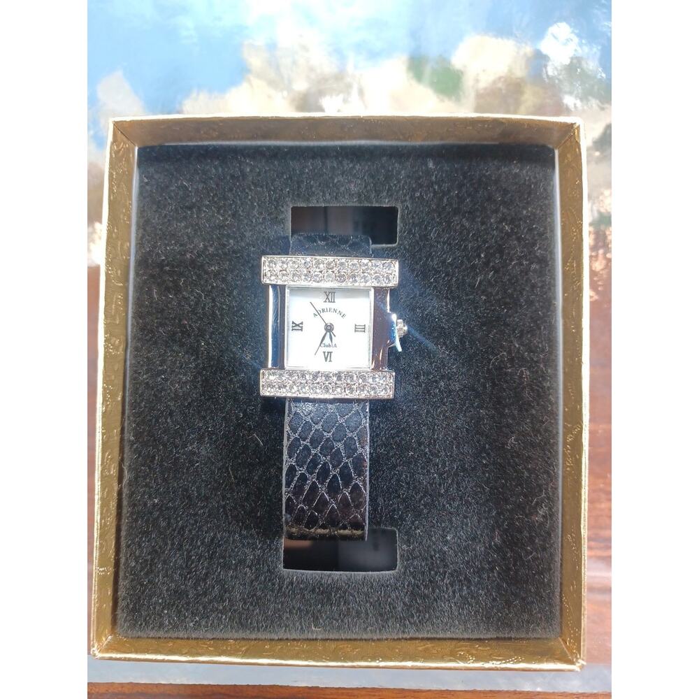 Vintage Signature Club A Adrienne Watch Black Band Rhinestones In Box